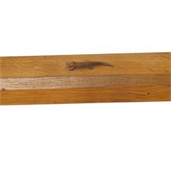 Lizardman - 5' oak refectory dining table, rectangular adzed top, octagonal turned supports united by stretcher with carved lizard signature, by Derek Slater of Crayke