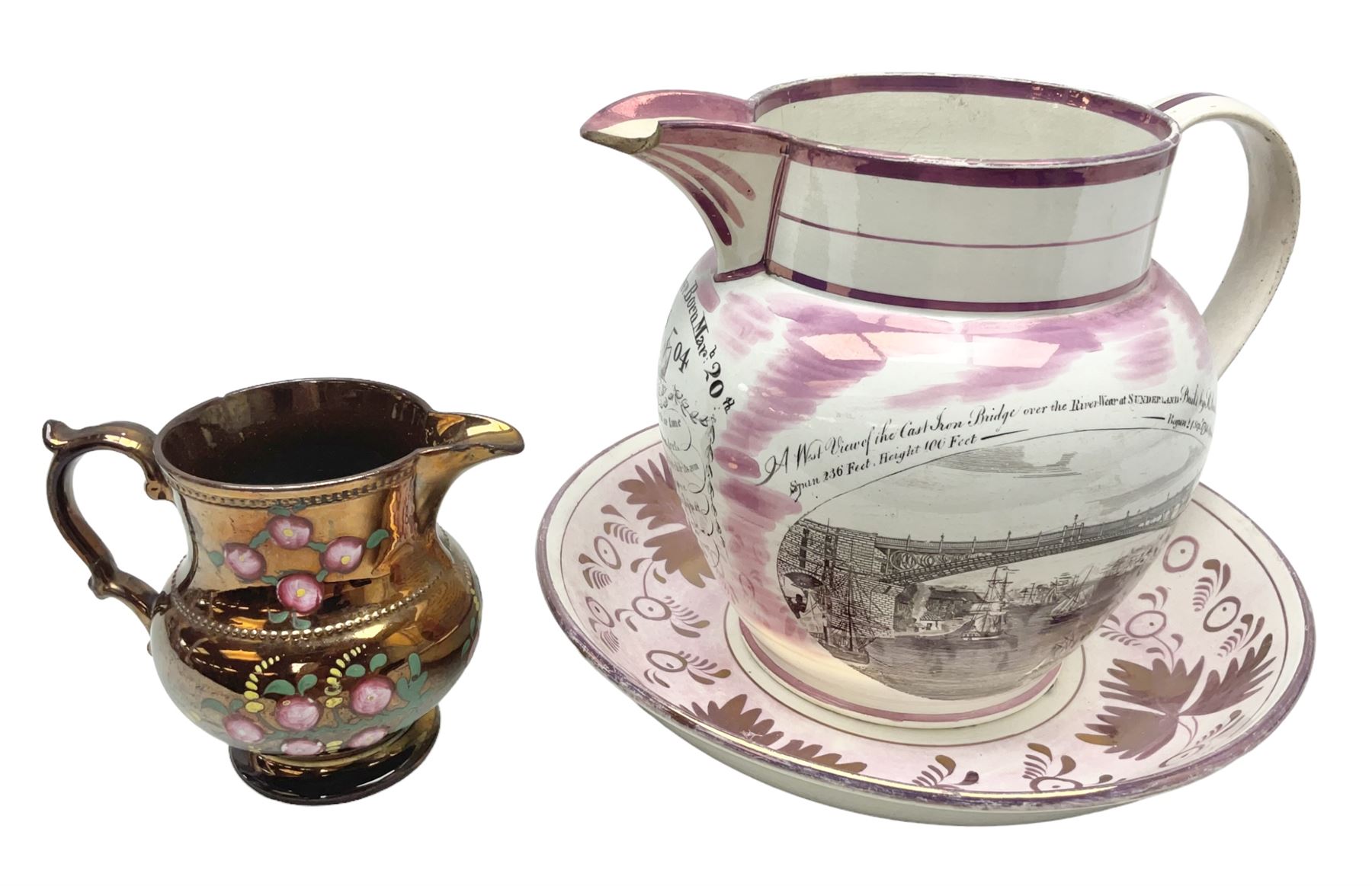 Early 20th century Sunderland lustre jug, decorated with transfer Masonic scene and poem 'The World is in Pain/Our Secrets to Gain/But Still Let Them Wonder and Gaze/The Never Can Divine/The World Nor The Sign/Of a Free and Accepted Mason', the reverse decorated with Sunderland River Wear cast iron bridge scene below text (a/f), together with a copper lustre jug, and pink lustre bowl, jug H20cm