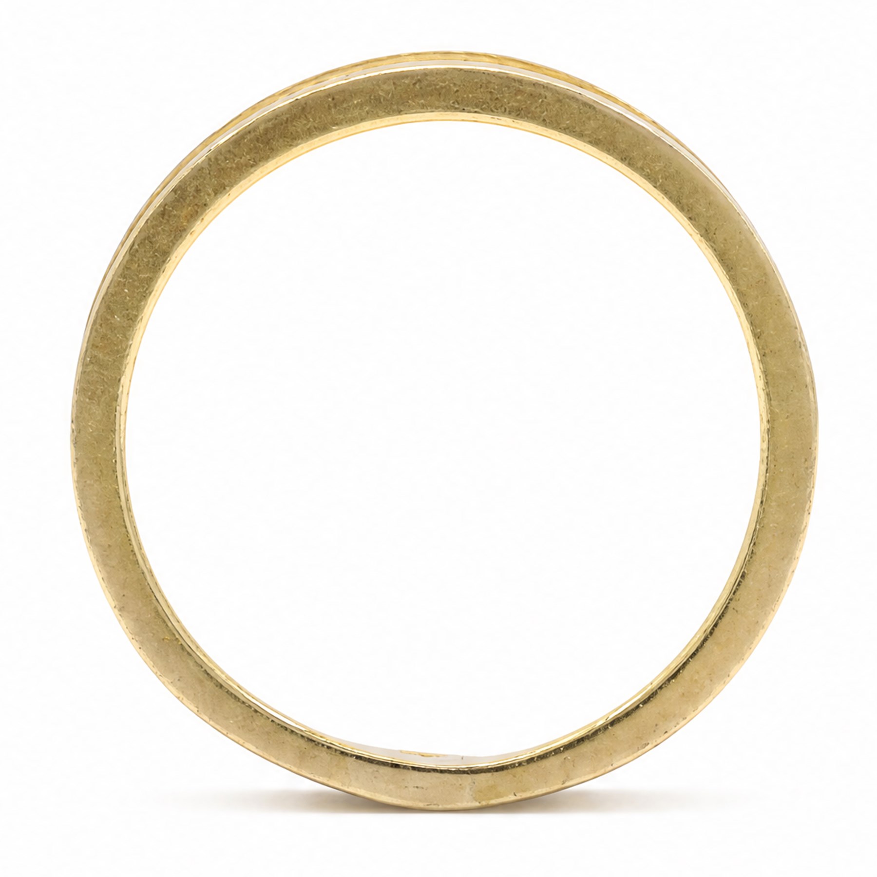 18ct gold diamond band, four round brilliant cut diamonds spaced by scroll and bead  motifs, within a rope twist border 