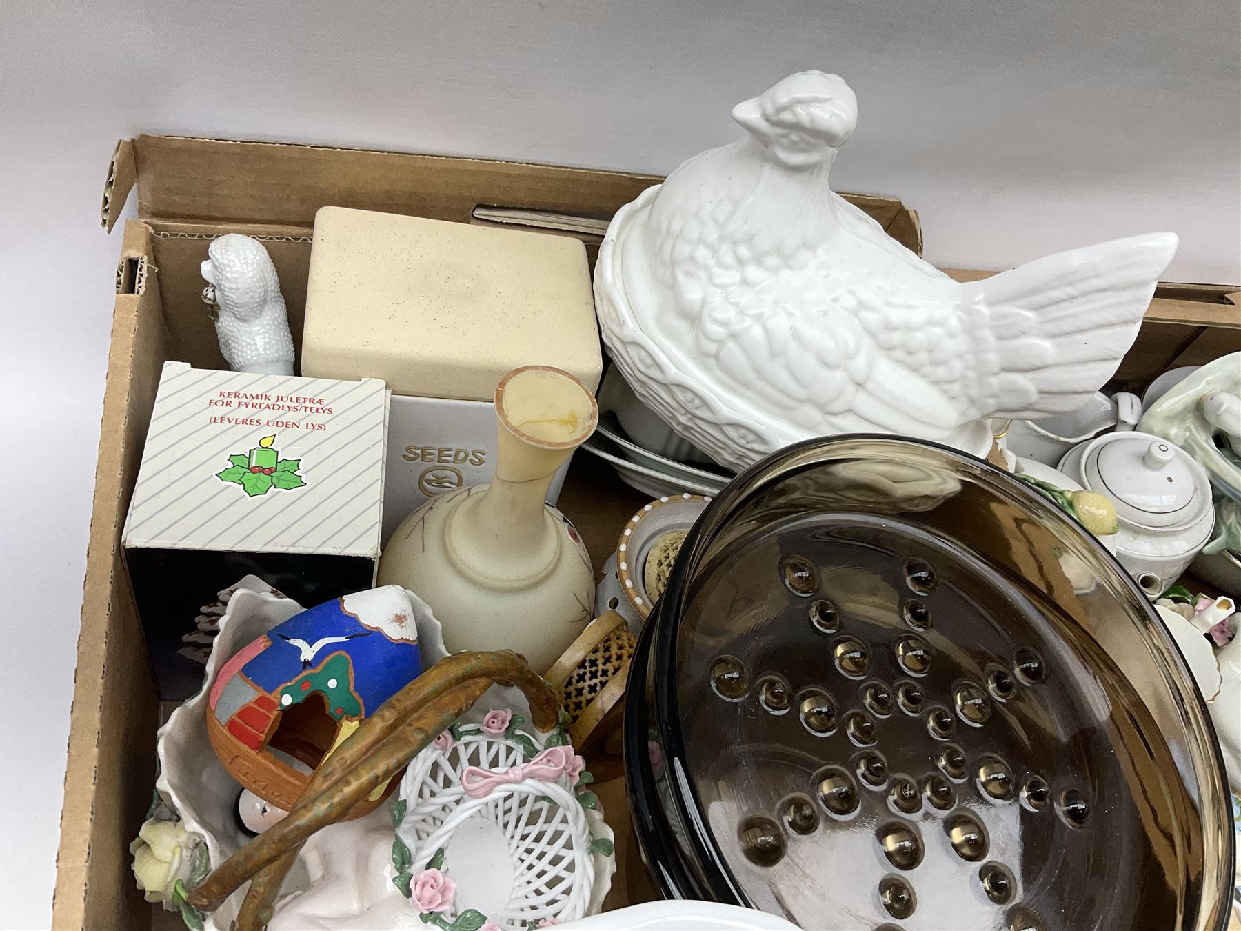 Set of four contemporary Mosa Holland tiles, three further tiles, Grayshott pottery clock, motto ware teacup and saucer, jug and mug, Royal Albert Old Country Roses, Chinese mud men figures, Spode etc and Quantity of ceramics and glassware to include art glass vase, Royal Grafton, Royal Doulton and Colclough dinner wares, Poole, copper lustre, vases etc in six boxes