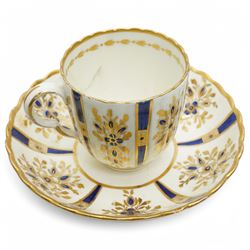 18th century Caughley tea cup and saucer of fluted design decorated in blue and gilt, blue 'S' mark, Bloor Derby coffee can and saucer in red, blue and gilt; 18th century Worcester tea bowls decorated in the Pleasure Boat or Fishermans pattern, and a Liverpool tea bowl decorated in the Penningtons Cannonball pattern