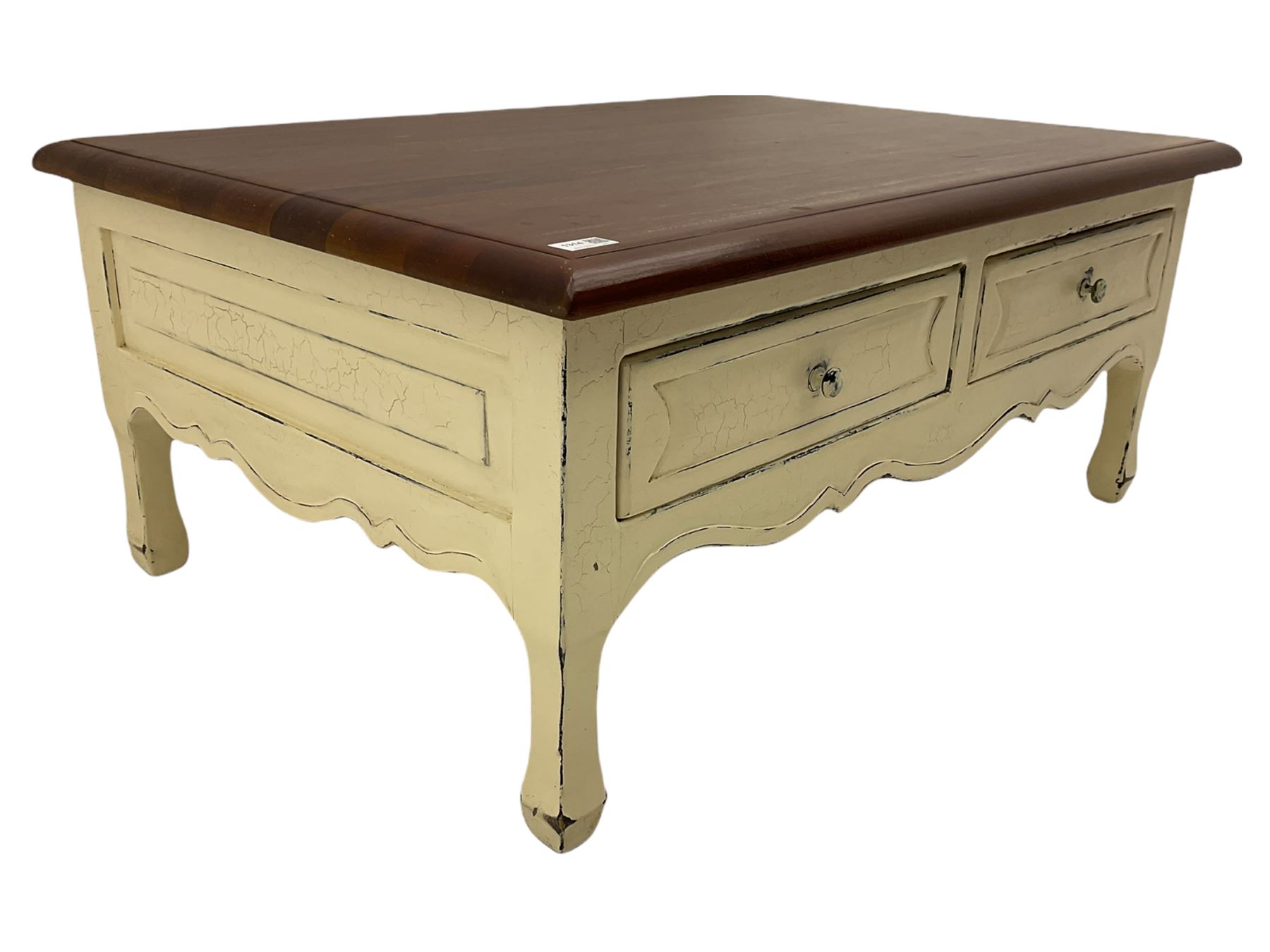 Laura Ashley coffee table, hardwood rectangular top on distressed painted base fitted with two drawers