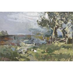 William B Dealtry (British 1915-2007): Landscape with Gate, oil on board signed 31cm x 44cm 