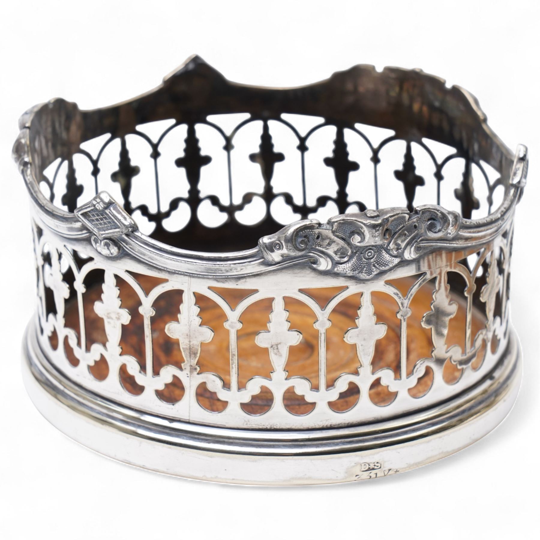  Pair of Victorian plated bottle coasters with pierced sides and turned boxwood bases