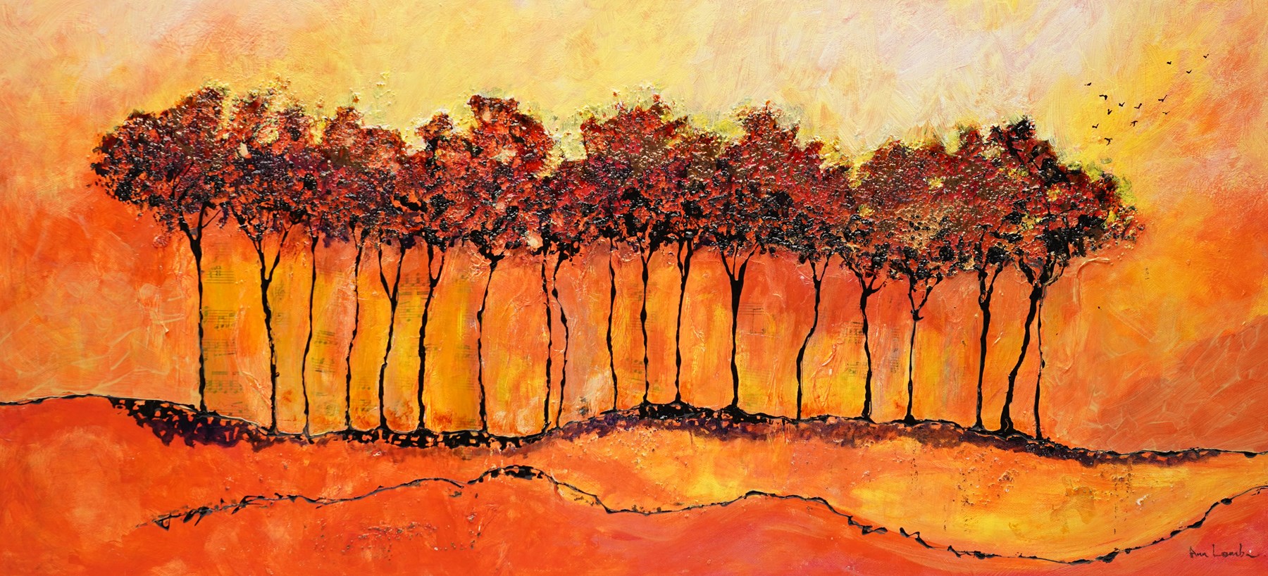 Ann Lamb (British 1955-): Tree Line, mixed media signed 37.5cm x 81.5cm (unframed)