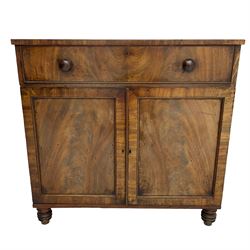 19th century mahogany secretaire chest, the cock-beaded fall-front drawer revealing baize writing surface and pigeonholes, over double panelled cupboard enclosing single shelf, on turned feet