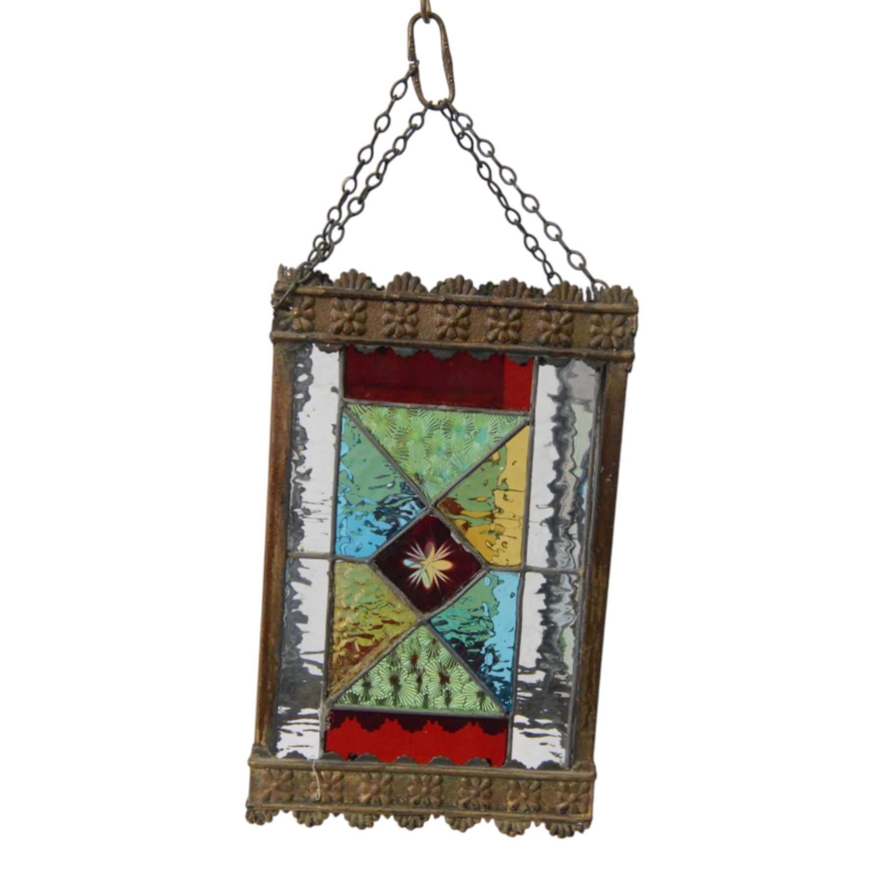 Edwardian metal framed hanging hall lantern, of rectangular form, with leaded stained and clear glass panels, H28cm