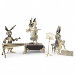Three Alberty silver plated rabbit figures, modelled as musicians, comprising clarinetist,...