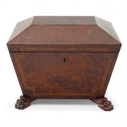 20th century amboyna tea caddy, of sarcophagus form, on paw feet, W22cm
