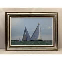 James Miller (British 1962-): J-Class Yachts 'Lionheart' & 'Velsheda' heading for the turning mark, oil on canvas signed, titled verso 59cm x 88cm