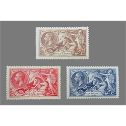  Three mint King George V seahorse stamps, half crown, five shillings and ten shillings  