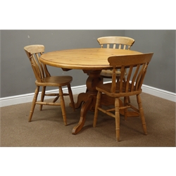  Circular pine pedestal dining table (D120cm, H73cm), and three farmhouse style dining chairs  