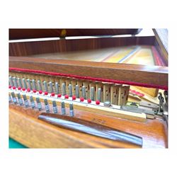 William de Blaise of London- mid 20th century Cembalo Traverso one manual Harpsichord in a teak case, with a five octave F1-f3 compass, two sets of strings and two rows of jacks, with three pedals and one hand stop, with one 8' and one 4', harp and piano to to 8', with a folding music desk and key fall, tuning key and tuning fork.

