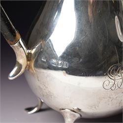 Silver matched five piece tea and coffee set of baluster form engraved with a monogram on shaped supports Sheffield 1913, the teapot 1911, the coffee pot 1924 Maker Mappin & Webb