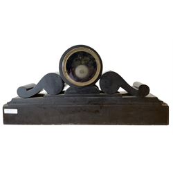 French- late 19th century 8-day Belgium slate and marble mantle clock, drum movement with volutes and conforming scroll side pieces, on a stepped plinth with incised decoration to the front, two-piece enamel dial with a visible Brocot deadbeat escapement, spade hands and Roman numerals, twin train, countwheel striking movement, sounding the hours and half-hours on a bell. With pendulum and key. 