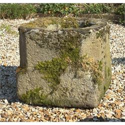 Large carved stone garden mortar, 17th / 18th century. H37cm, 40cm x 40cm. 