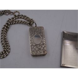 Victorian silver vesta case, of rectangular form with rounded corners, with two compartments, engraved with foliate decoration with blank circular cartouche, on a tapering silver chain, Birmingham 1876, maker's mark CS, together with a silver mounted compact mirror and four silver fruit knives, all hallmarked 