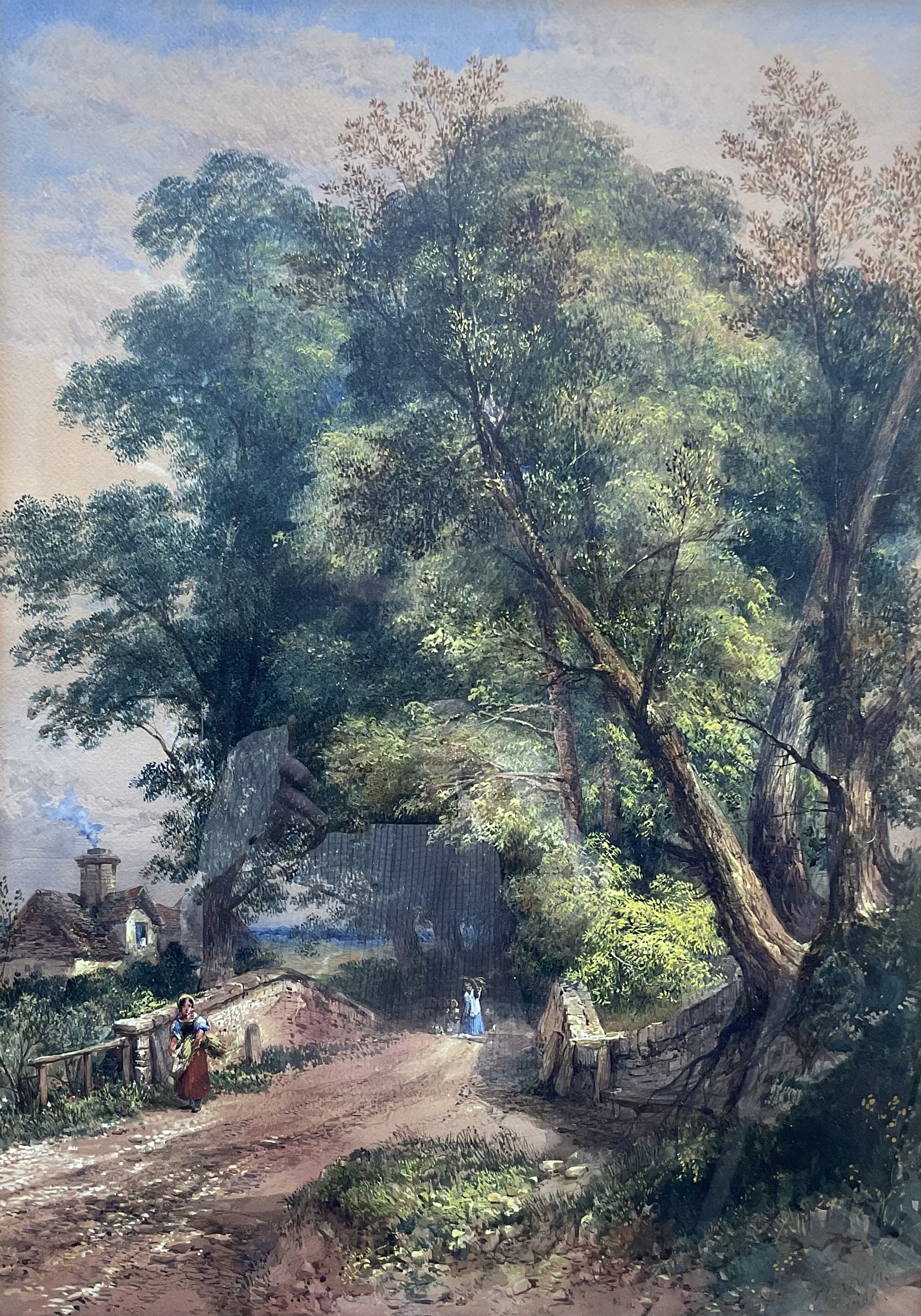Thomas Robert Colman Dibdin (British 1810-1893): Figures Crossing a Bridge on a Wooded Country Lane, watercolour signed and dated 1868, 75cm x 53cm