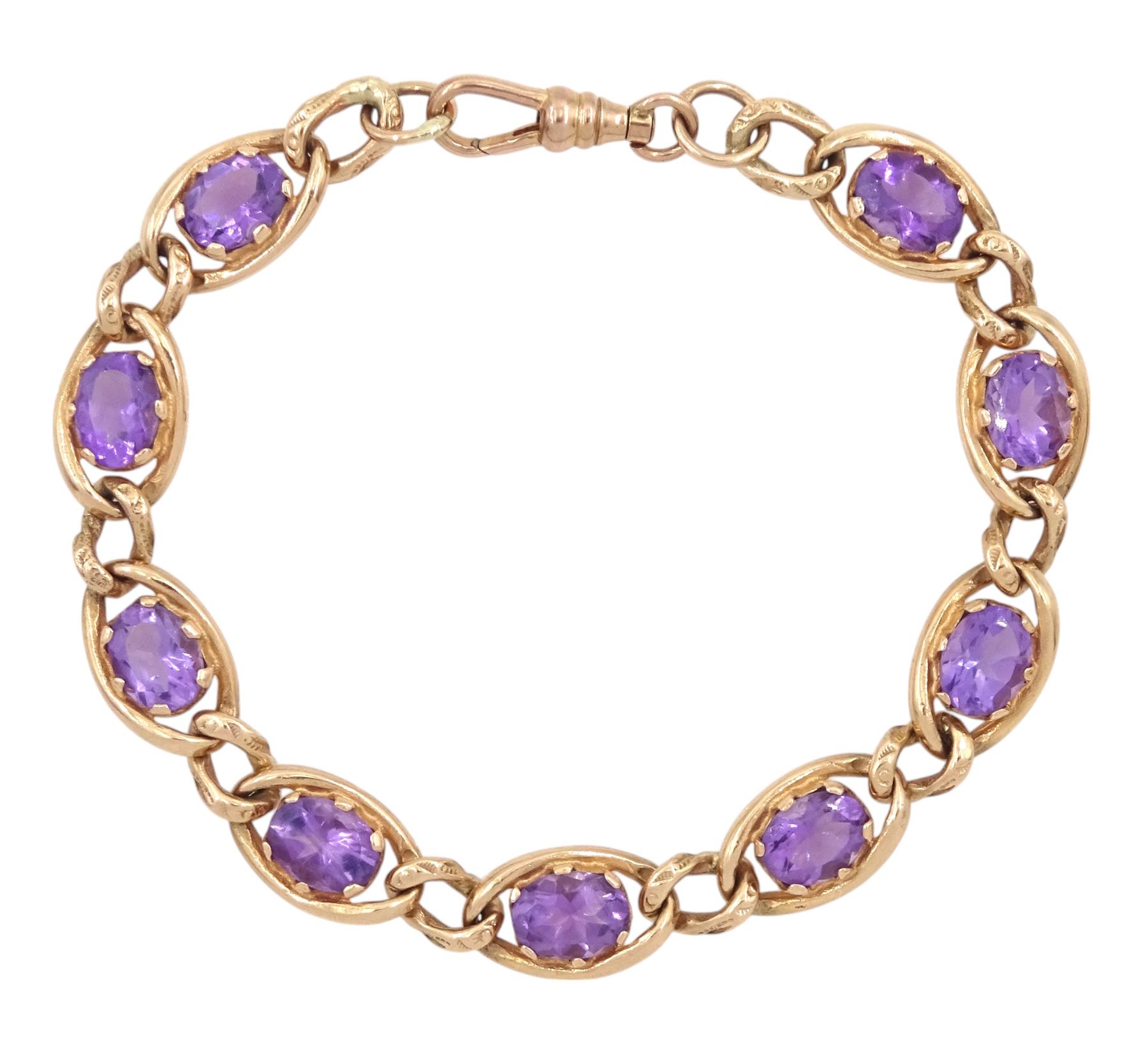 9ct rose gold oval cut amethyst link bracelet, Sheffield 1990