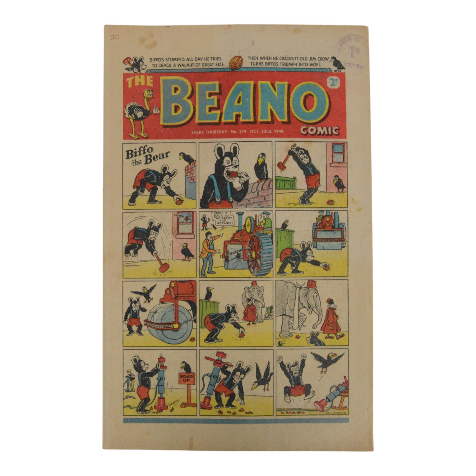 Seven 1940s and 50s The Beano comics, including 1941 issue no.166 propaganda war issue, with Big Eggo black-out cover, 1948 issue no.329, 1949 issue no.368, 1949 issue no.379, 1950 issue no.398,  1950 issue no. 424 and 1954 issue no. 603