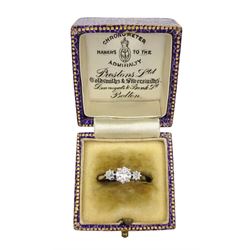 18ct white gold three stone old cut diamond ring, Birmingham 1964, principle diamond approx 0.60 carat, total diamond weight approx 0.85 carat