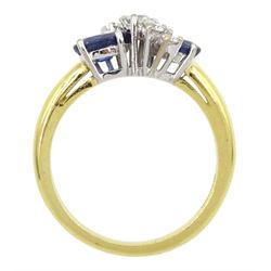 18ct gold sapphire and diamond ring, two pear shaped sapphires, spaced by five round brilliant cut diamonds, London 2008