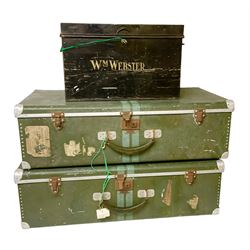Metal deed box with key, together with two metal suitcases, deed box H27cm
