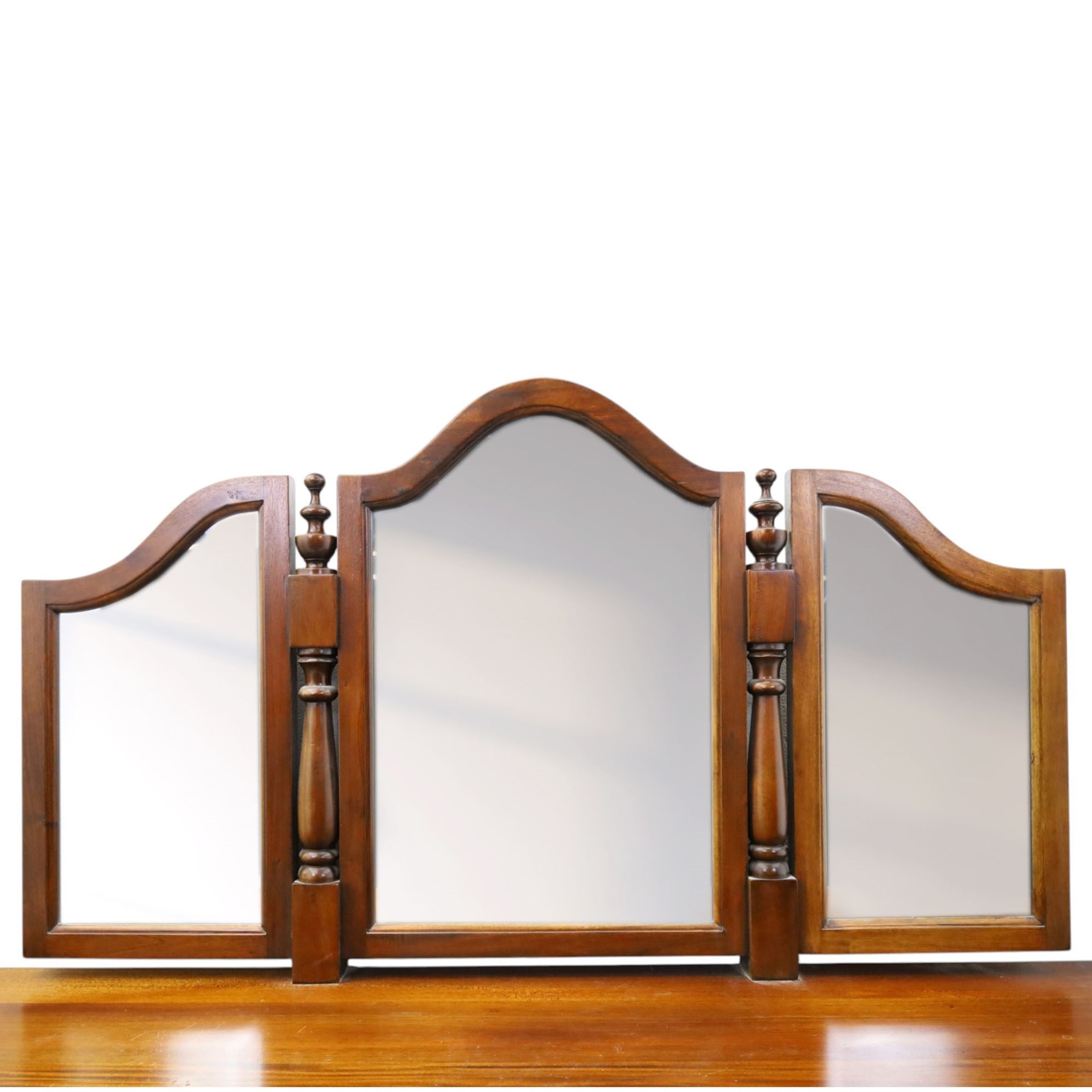 Willis & Gambier - cherrywood dressing table with mirror and stool, three-part mirror on turned uprights with finials, rectangular top above three cushion-moulded frieze drawers, twin pedestals each fitted with three graduated drawers, panelled sides and stepped plinth bases, stool with turned supports and padded seat