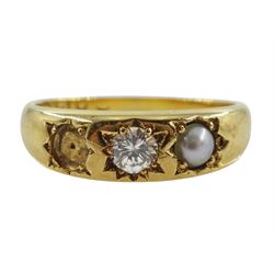 Early 20th century 18ct gold diamond and split pearl gypsy set ring, hallmarked