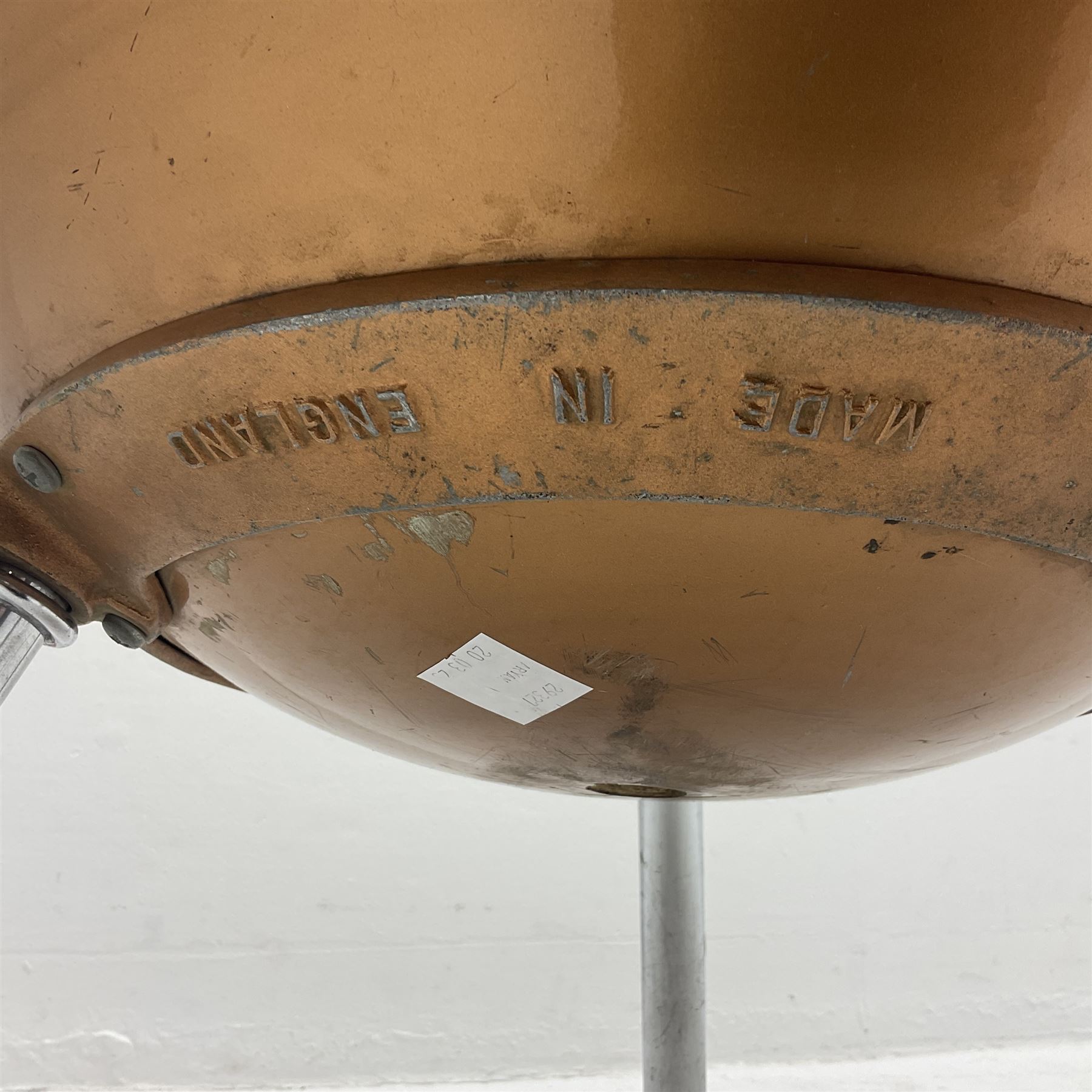 Timpani drum with coppered finish to the bowl, marked 'BS 3499' underneath, three adjustable tubular legs and Premier head D67cm