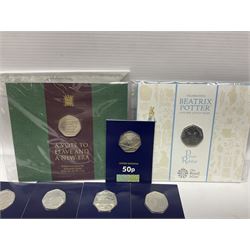 Mostly United Kingdom Queen Elizabeth II commemorative fifty pence coins, including 2019 'Gruffalo', 2020 'Iguanodon', 2022 'The Queen's Jubilee' etc, housed on cards, face value of UK coins approximately 20 GBP
