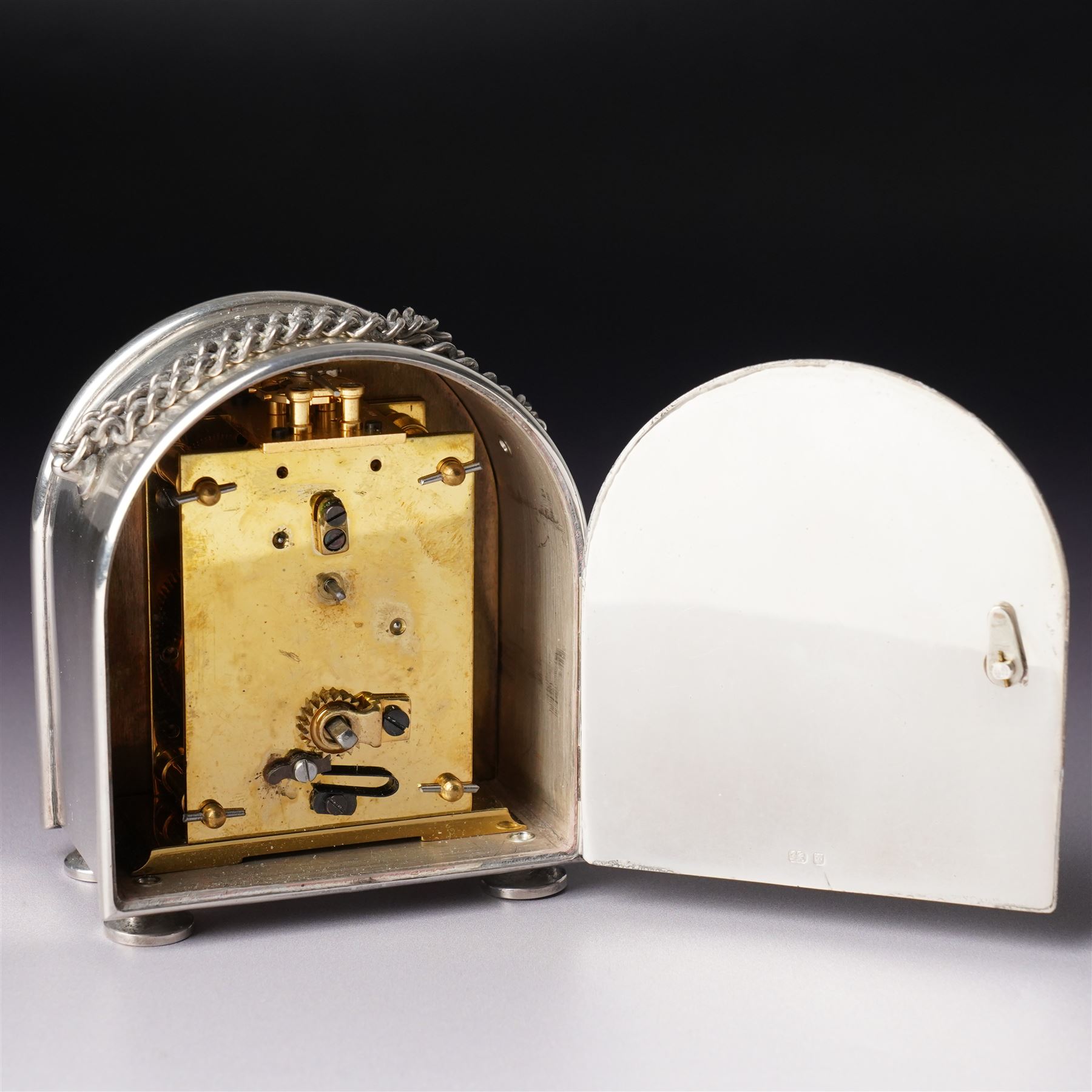 Chas Frodsham - Elizabeth II commemorative miniature carriage clock with platform lever escapement, gilt brass dial inscribed  'Elizabeth of Glamis' in domed silver case with chain handle H8cm London 1980 with key