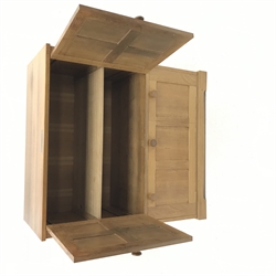 'Lizardman' panelled oak cabinet fitted double cupboard above two fall front compartments, with presentation plaque 'Presented on their retirement... from the staff and children at St. Martin's school', by Derek Slater of Crayke, W92cm, H99cm, D47cm