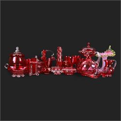 Jack in the Pulpit vase, with a Vaseline rim, together with a collection of cranberry glass, including enameled jars 