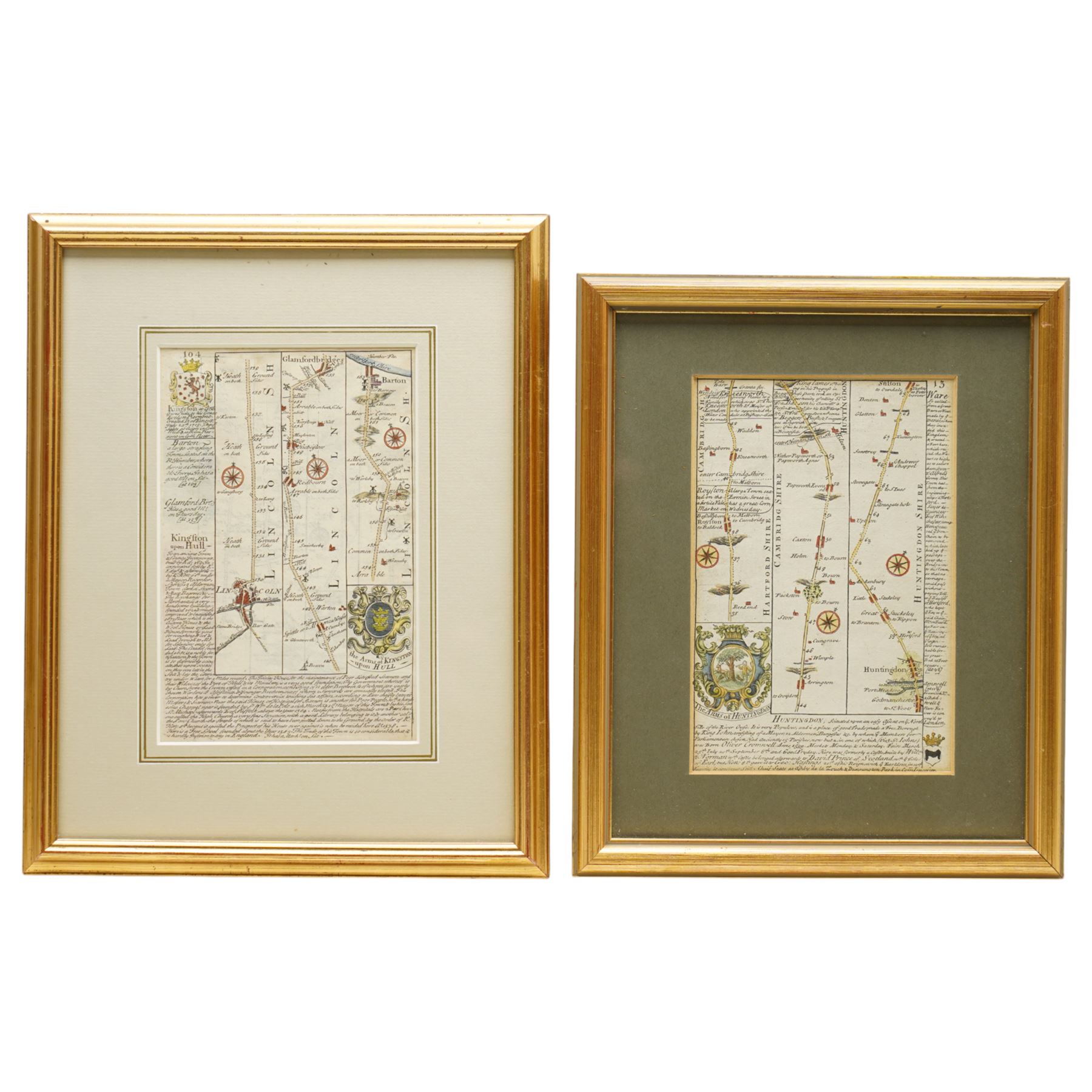John Ogilby (British 1600-1676): 'The Road from Welshpool Com Montgomery to Carnarvan in North Wales', late 17th century engraved strip map with hand-colouring pub. c.1675, 35cm x 45cm; Emanuel Bowen (British 1694-1767) and John Owen (British 18th century): Lincoln to Kingston-Upon-Hull and Royston to Huntingdon, pair early 18th century engraved road strip maps with hand-colouring including the Arms of Kingston-Upon-Hull and Huntingdon, pub. Britannia Depicta; or, Ogilby Improv’d c.1720, 18cm x 12cm (3)