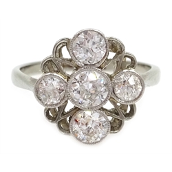  Art Deco five stone diamond ring bezel, set in pierced platinum with white gold band, stamped 18 & PT  