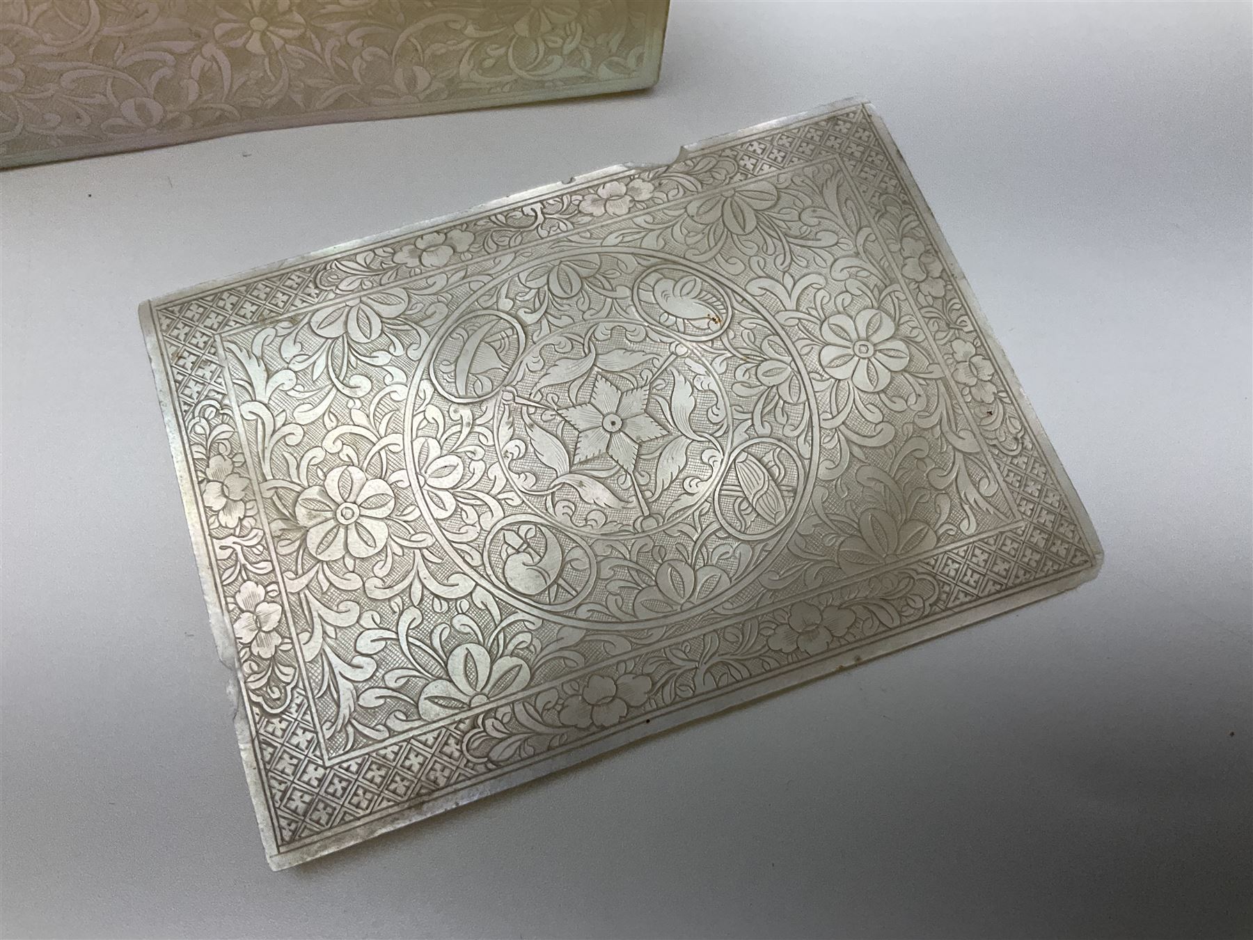 Victorian glass rolling pin, black basalt teapot, mother of pearl box with foliate engraving and sliding lid, and a wooden writing slope, with purple velvet interior, writing slope H14cm