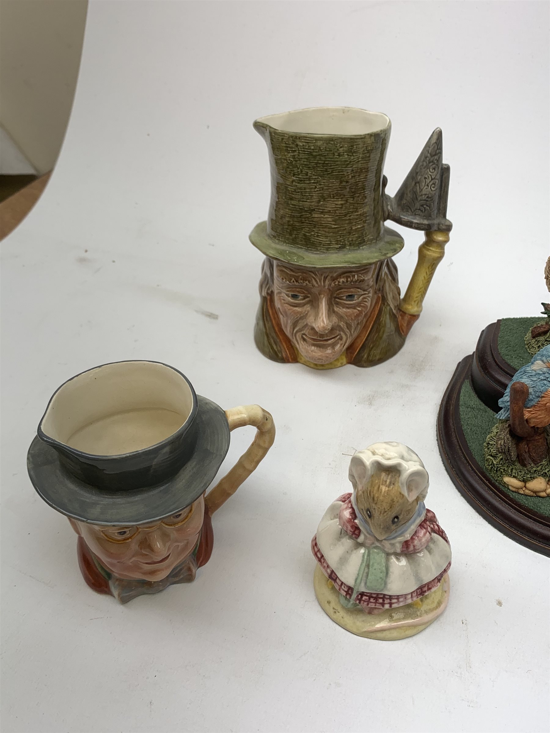 Three Beswick horses comprising: 'The Winner' no. 2421,  Shire Horse and Dale Pony (a/f), Border Fine Arts group 'Feeding Piglets' A5030, Beswick Beatrix Potter figure,  set of six Royal Doulton birds on stand etc 