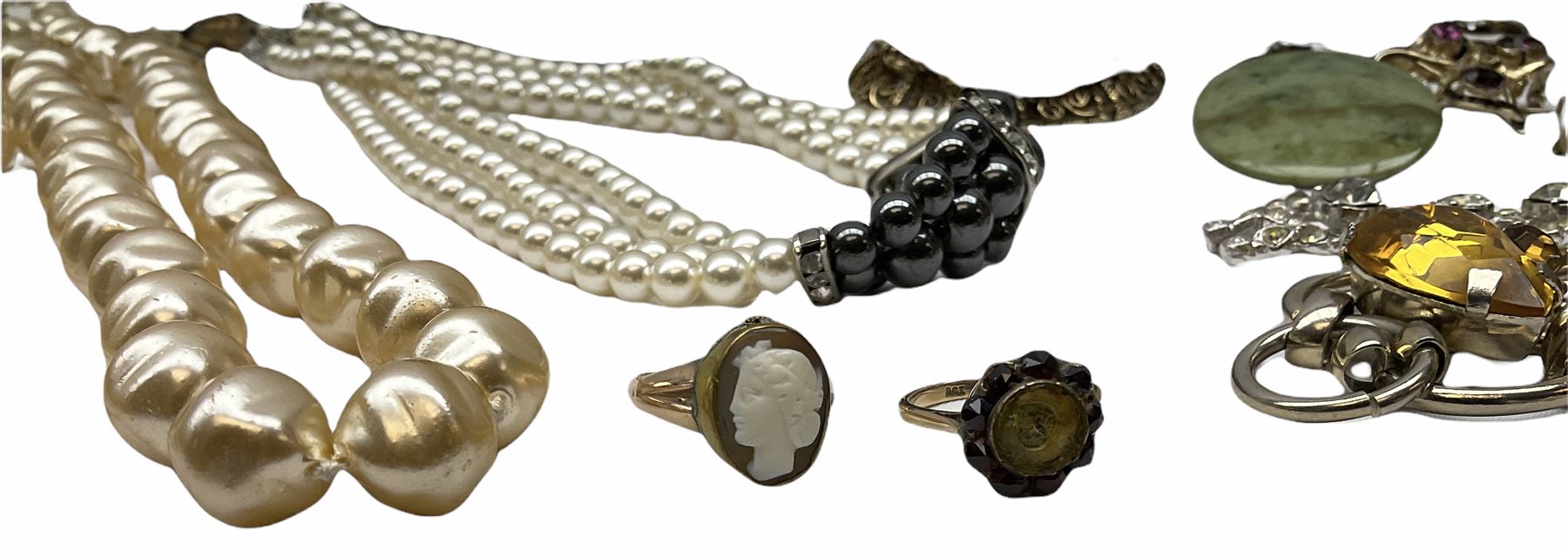 Silver cigar piercer by Dunhill, Birmingham 1958, gold garnet ring, stamped 9ct, Victorian rose gold shank hallmarked with soldered gilt cameo head and a collection of vintage and later costume jewellery