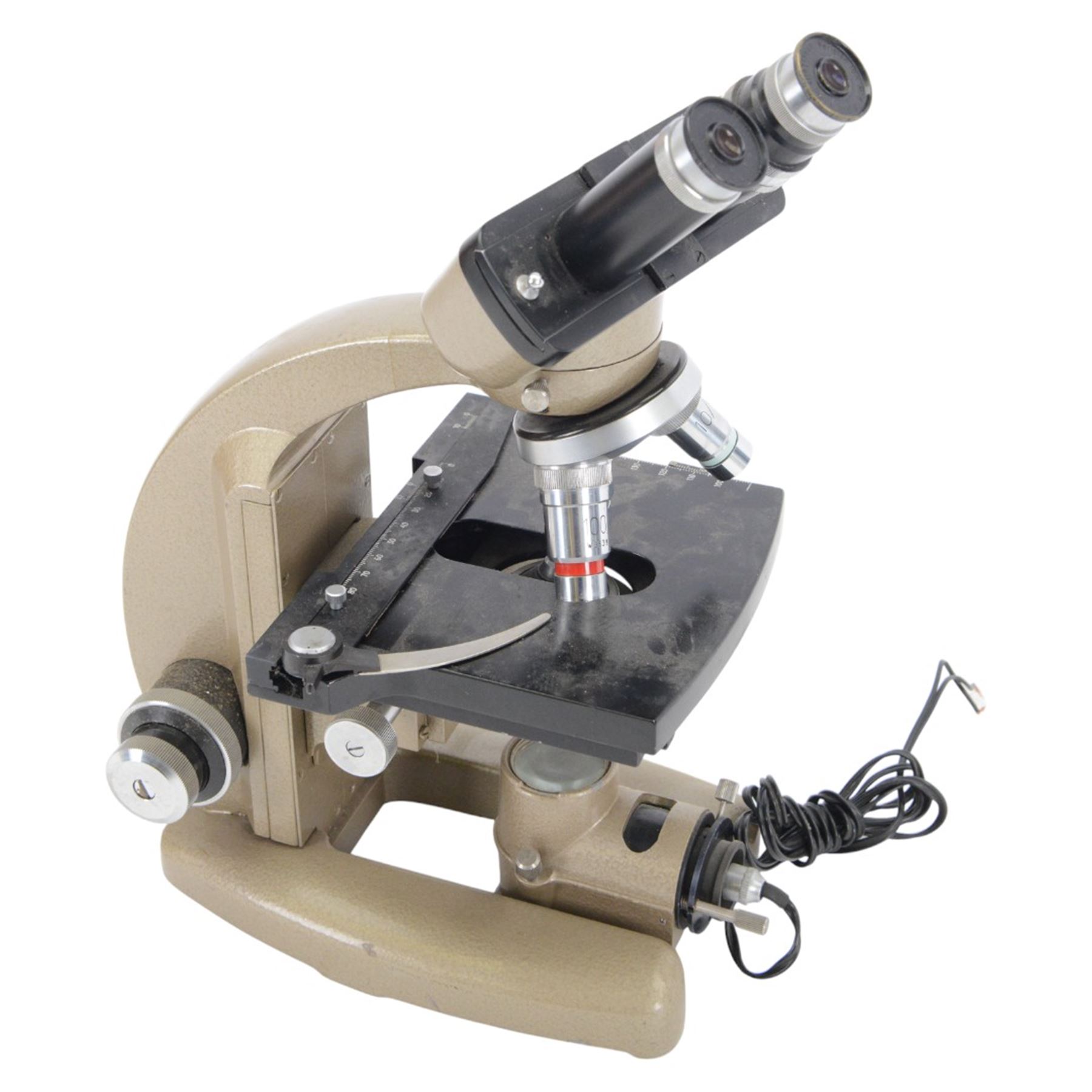 Three microscopes, including Griffin Student Vernier Microscope, Vickers Instruments binocular microscope with Leitz Wetzlar Periplan 10x lenses, and a Carl Zeiss Jena binocular microscope in a wooden Olympus Tokyo box