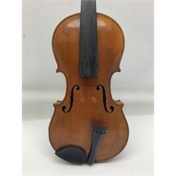 German violin c1900 stamped Stainer with 36cm two-piece maple back and ribs and spruce top L59.5cm overall; in simulated reptile skin carrying case