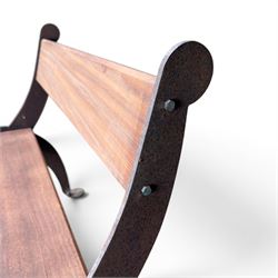 Corten steel industrial minimalism garden
bench, sapele hardwood plank seat and
backrest, unfinished steel with stained
timber