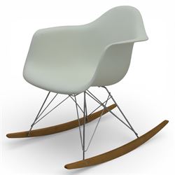 Vitra - RAR rocking chair, moulded plastic shell in cotton white with integrated arms, raised on chrome wire supports with stained wooden rocking runners