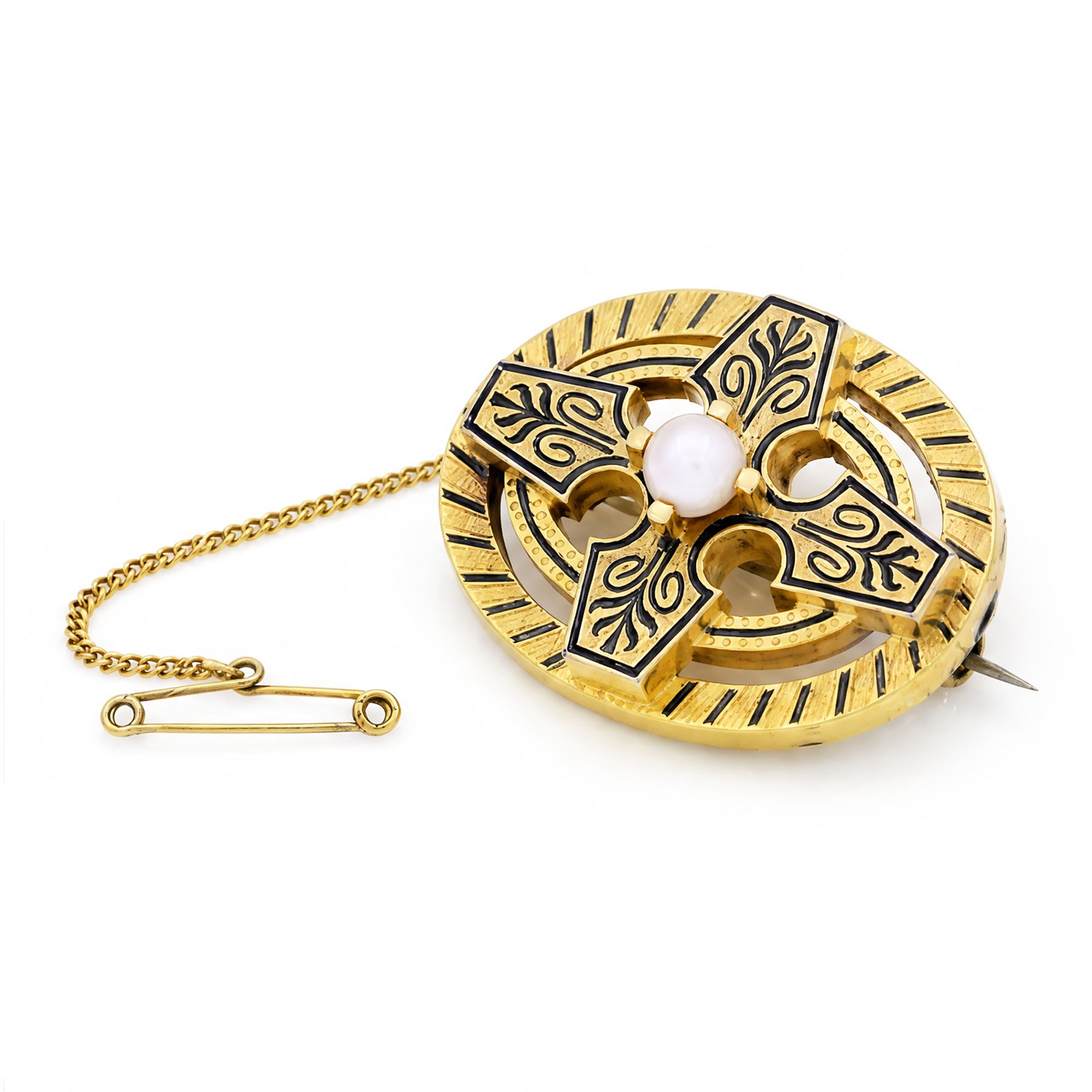 Victorian gold pearl and enamel mourning brooch, set with a single split pearl in a pierced design blue enamel surround, the reverse engraved 'In memory of B.W' and dated 1881