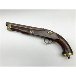 Early 19th century percussion cap cavalry pistol with round 23cm unsighted barrel, borderline engraved action lock (lacking hammer), walnut full stock with heavy brass furniture, iron lanyard ring to the flat butt cap and long flat retaining spring below fore-end for captive ramrod (missing) L41cm overall
