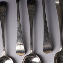 Pair of George III silver table spoons with engraved decoration London 1809 Maker Hester Bateman and eight other 19th century silver table spoons, various dates and makers (10) 