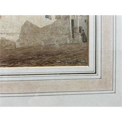 John Sell Cotman (British 1782-1842): Figures Gathered Outside a Church, watercolour signed 19.5cm x 16cm
