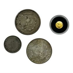 Irish 2012 'Book Of Kells' twenty euro miniature gold coin, 1878 S and 1921 S silver Morgan dollar and an Egyptian silver coin (4)