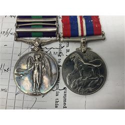 George VI General Service Medal with two clasps for Palestine 1945-48 and Cyprus and MID oak leaf awarded to 14887162 Sjt. C.F.A. Lloyd R.A.M.C. together with WW2 War Medal 1939-1945; both with ribbons; and quantity of photocopied research material including Army Records and London Gazette