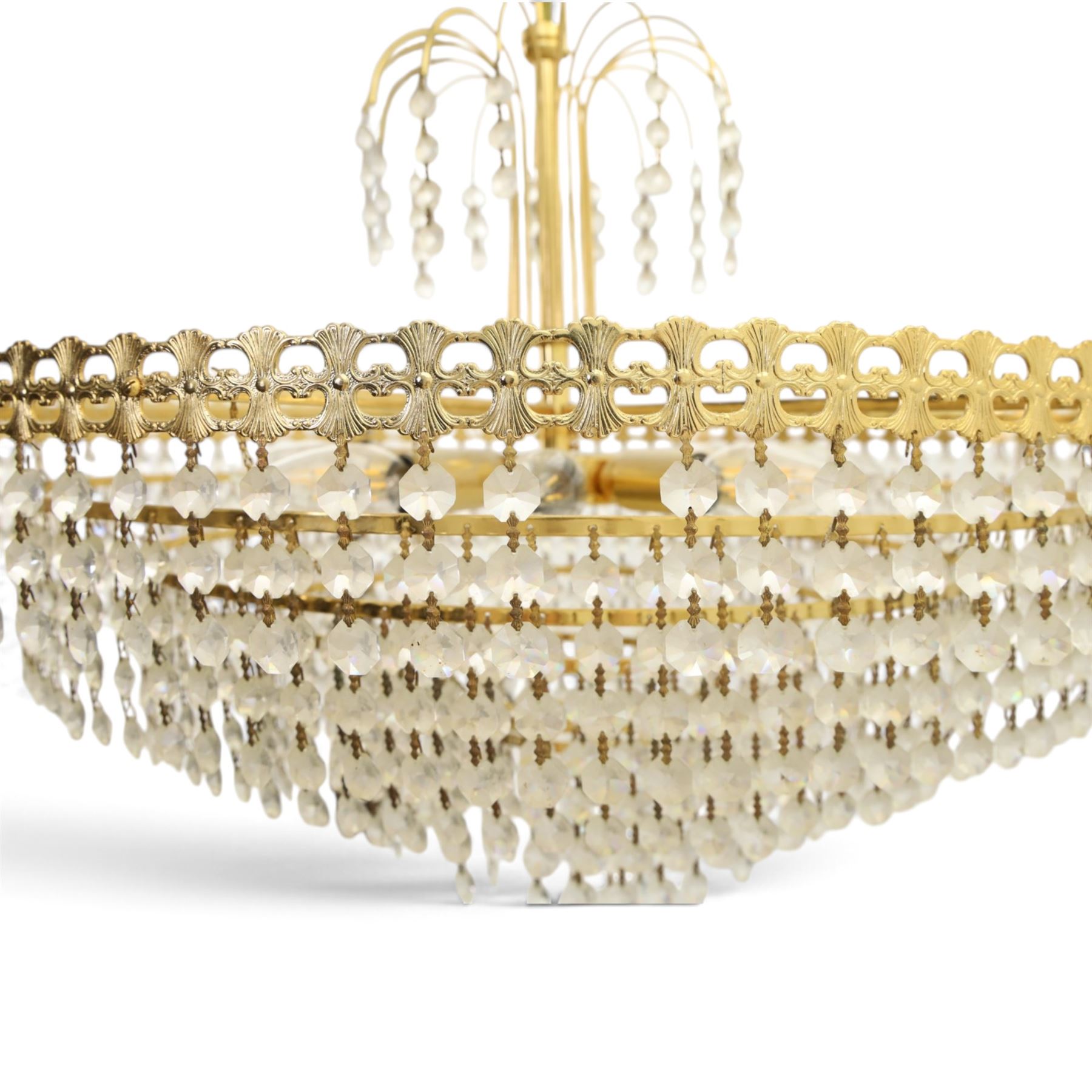 Art Deco style set of two chandeliers, brass and beaded glass, (H 60cm, Di 60cm) (H 75cm, Di 62cm) 